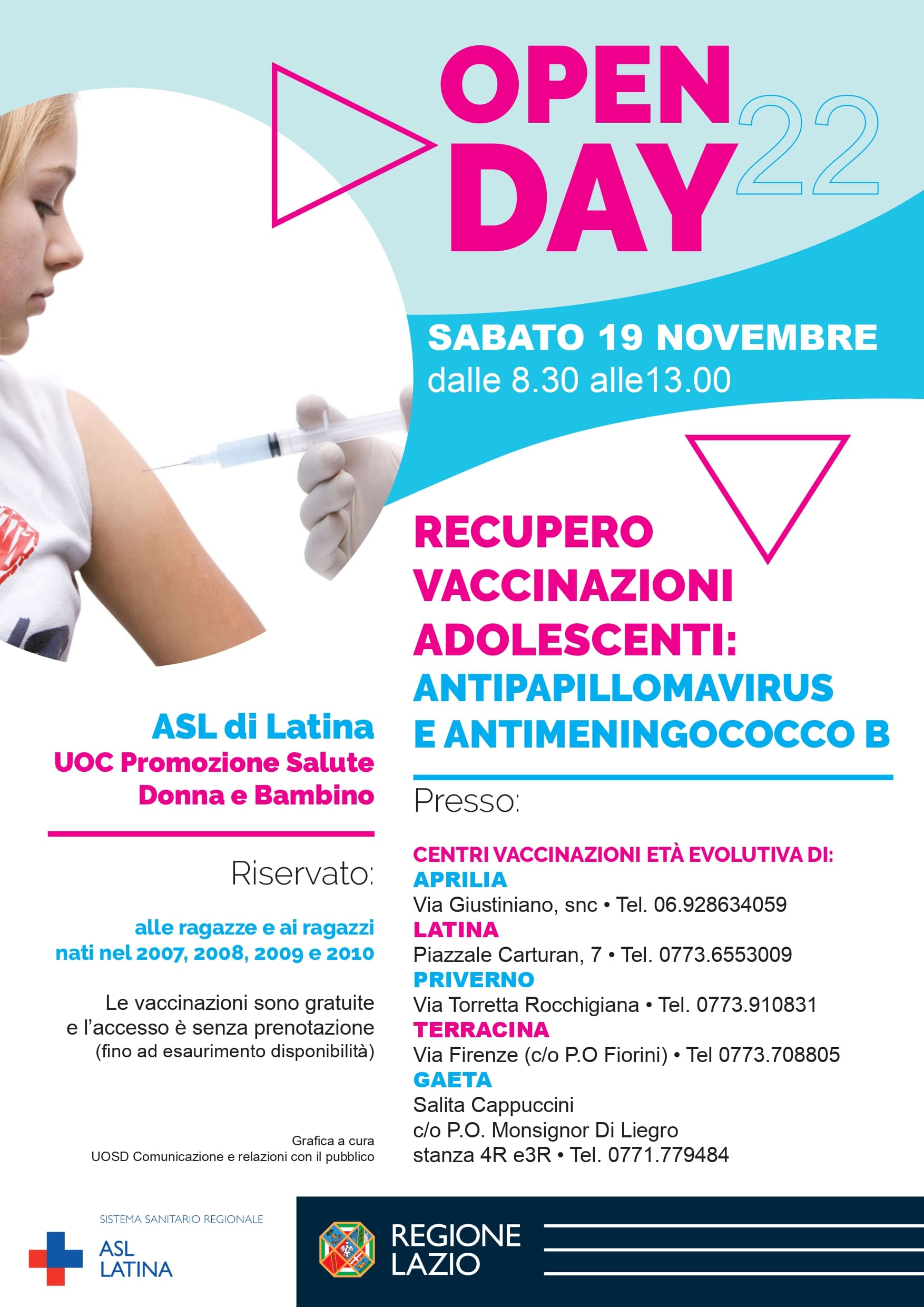 locandina openday vaccinazioni adolescenti 19 novembre