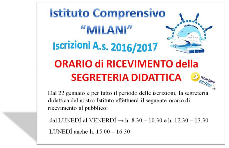 orario segreteria didattica iscrizioni 2016